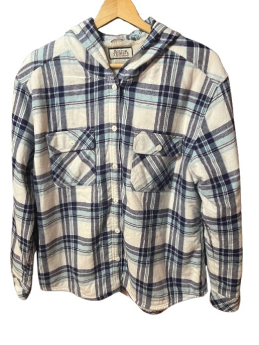 Boston Traders Plaid Hooded Sherpa Button-Up Shirt Jacket - Blue & White Size XL